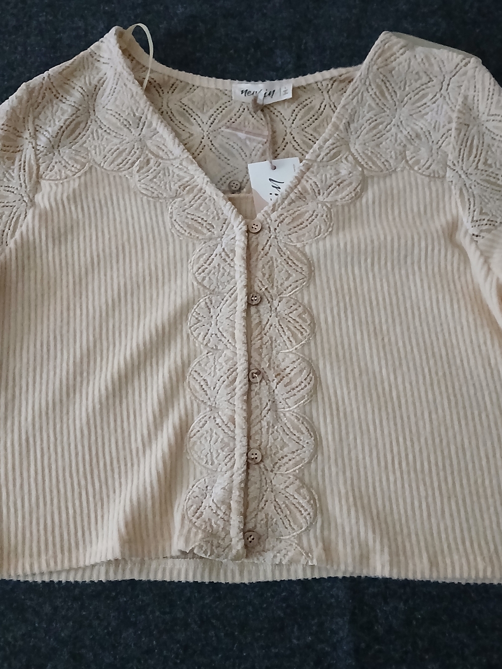 Neutral Cream Lace-Trim Button Front Top